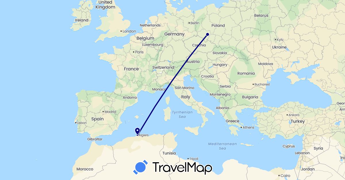 TravelMap itinerary: driving in Algeria, Poland (Africa, Europe)